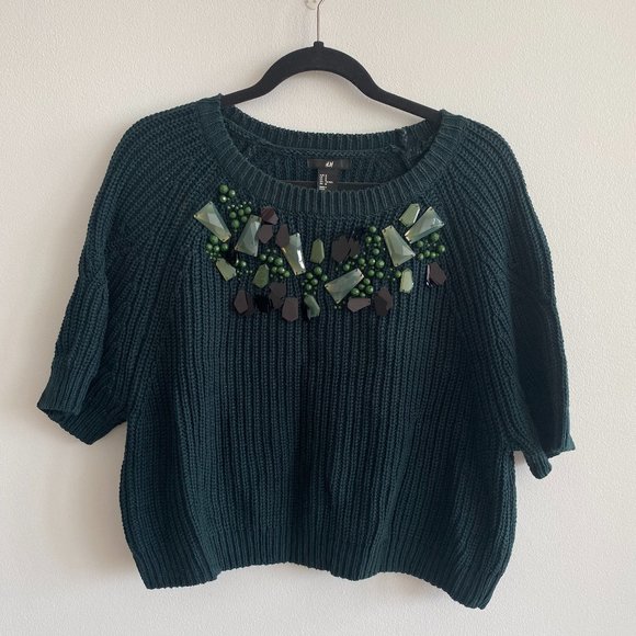 H&M Green Jeweled Short Sleeve Sweater - Picture 1 of 6